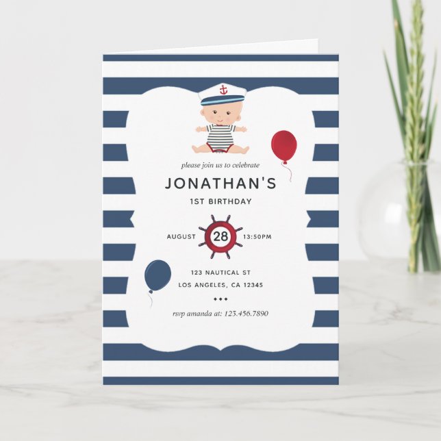 Nautical themed Baby Boy Birthday Party Photo Invitation (Front)