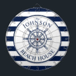 Nautical Themed Beach House Ship Wheel Dartboard<br><div class="desc">A fully customisable and fun dartboard set with a unique nautical theme. It features a ship wheel centred in the middle in a vibrant navy and white colour scheme. All elements are unlocked and adjustable if you need to make changes.  Have fun being creative and making it your own.</div>