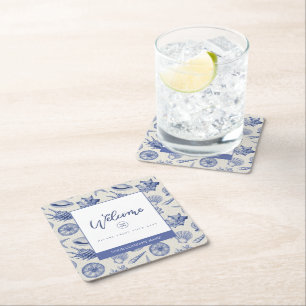 Nautical Themed Blue Seashell Square Paper Coaster