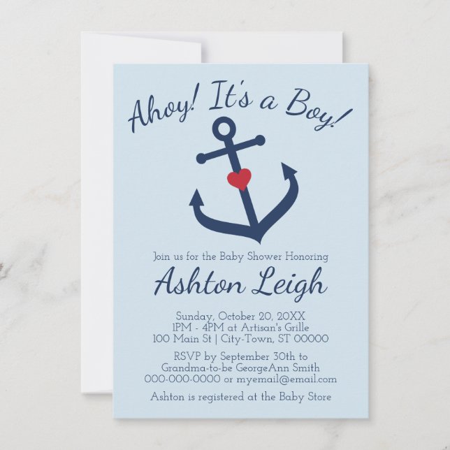 Nautical themed Boy Baby Shower Invitation - BLUE (Front)