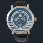 Nautical themed design watch<br><div class="desc">Nautical themed design with nautical symbols (anchor, sailing boat, sailing wheel, compass) decoration on white and navy blue striped background.</div>