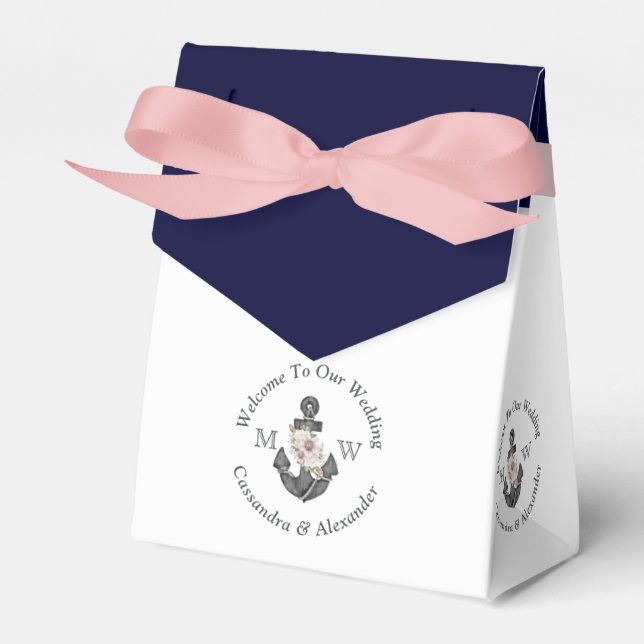 Nautical-Themed Floral Anchor  Pink Navy Blue  Favour Box (Front Side)