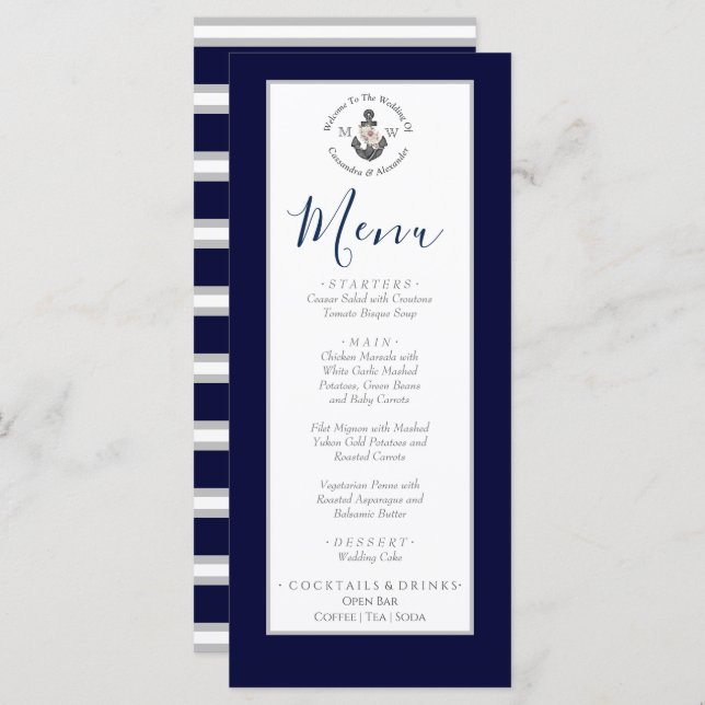 Nautical-Themed Floral Anchor White Navy Blue Menu (Front/Back)