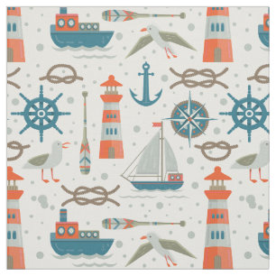 Nautical themed red teal grey white pattern fabric