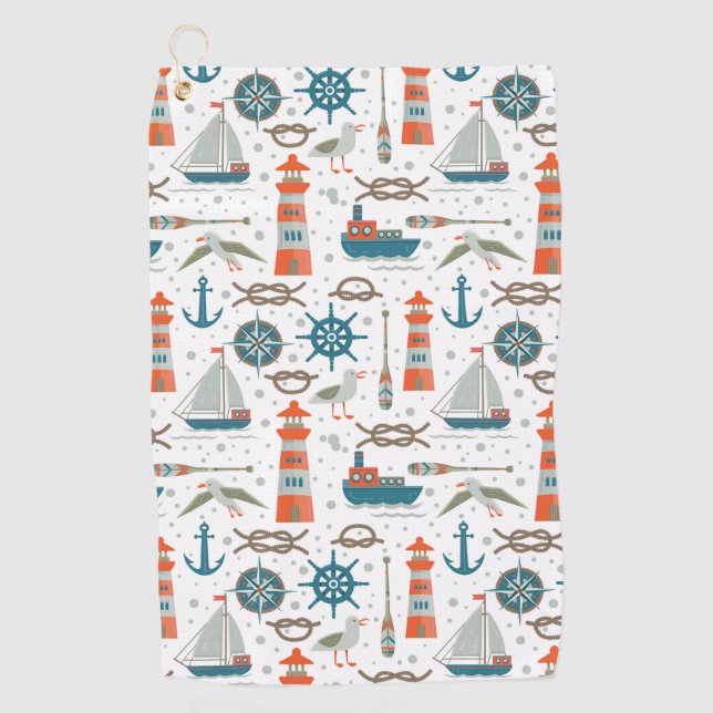 Nautical themed red teal grey white pattern golf towel (Front)
