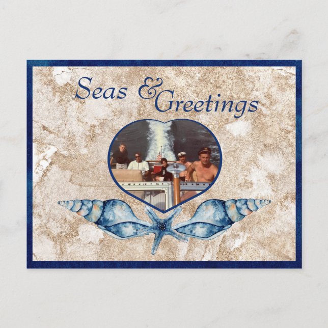 Nautical-themed Seas & Greetings Navy Tan Holiday Postcard (Front)
