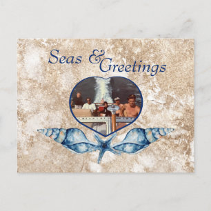 Nautical-themed Seas & Greetings Navy Tan Holiday Postcard