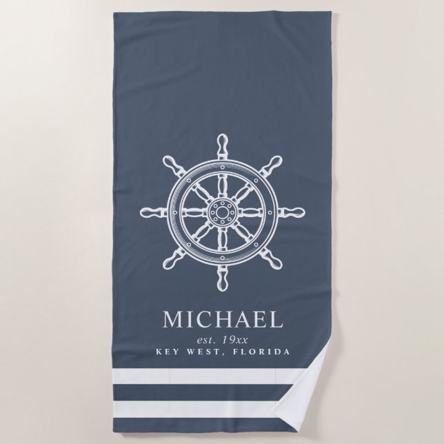 Nautical Themed Ship Wheel Slate Blue Beach Towel (Front)