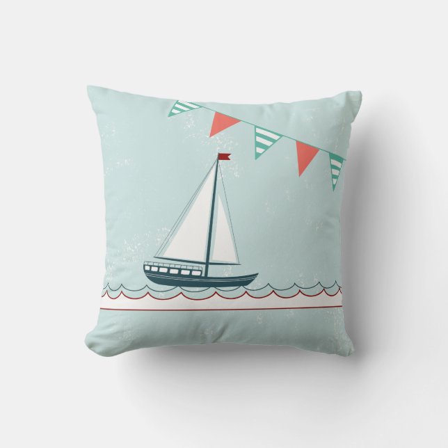 Nautical Throw Pillow with Sail Boat (Front)