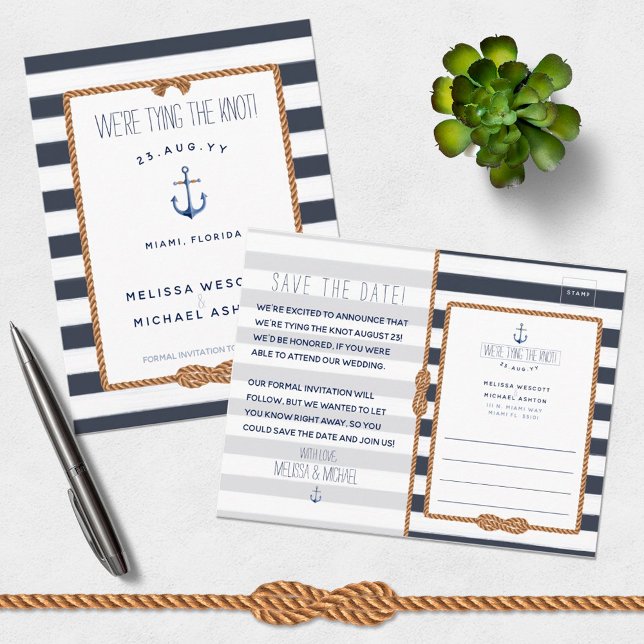 Nautical Tie the Knot Navy Blue Save the Date Announcement Postcard (Creator Uploaded)