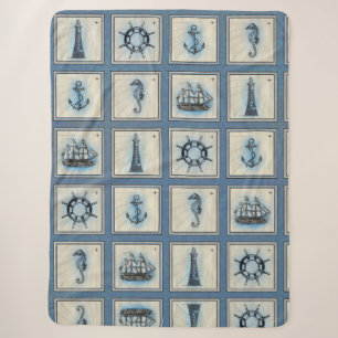 Nautical Tiles Blue Lighthouse Anchor Ship Wheel Sherpa Blanket