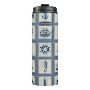 Nautical Tiles Blue Lighthouse Anchor Ship Wheel Thermal Tumbler