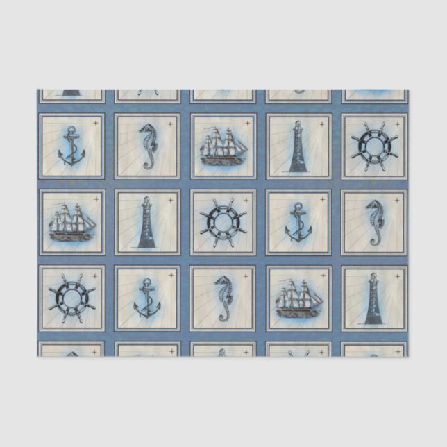 Nautical Tiles | Blue Lighthouse Anchor Ship Wheel Tissue Paper (Front)