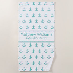 Nautical Turquoise Anchor Custom Beach Towel