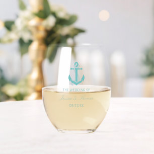 Nautical Turquoise Anchor Wedding Stemless Wine Glass