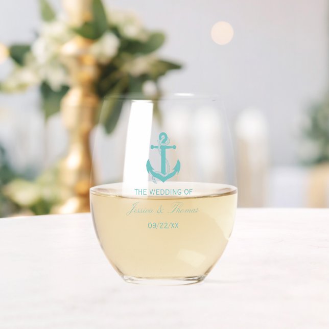 Nautical Turquoise Anchor Wedding Stemless Wine Glass (Insitu (Wedding))