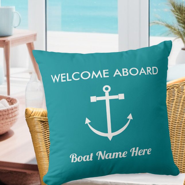 Nautical Turquoise Anchor Welcome Aboard Boat Name Cushion (A nautical pillow for the boat, summerhouse or home, with anchor, Welcome Aboard words and boat name)