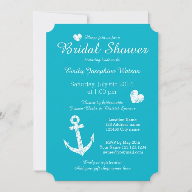 Nautical turquoise blue bridal shower invitations (Front)