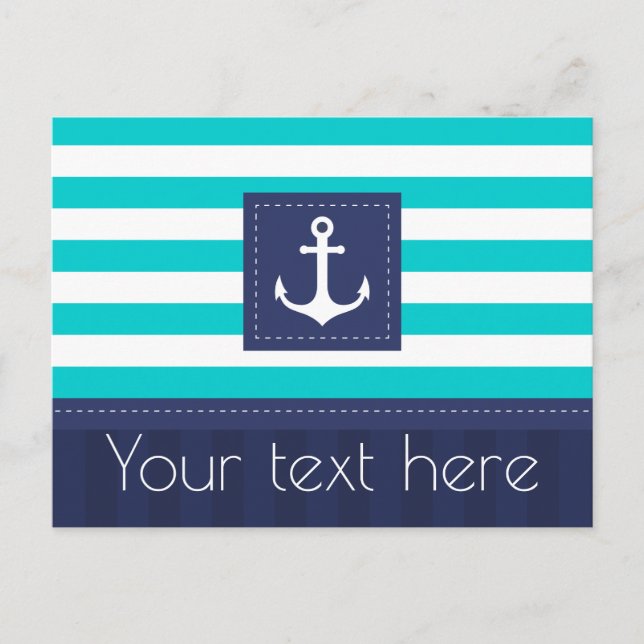 Nautical Turquoise Navy Blue Striped Anchor Custom Postcard (Front)