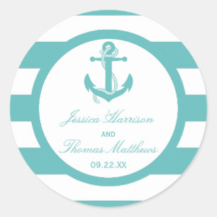 Nautical Turquoise Stripe Anchor Wedding Classic Round Sticker