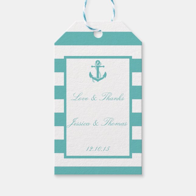 Nautical Turquoise Stripe Anchor Wedding Gift Tags (Front)