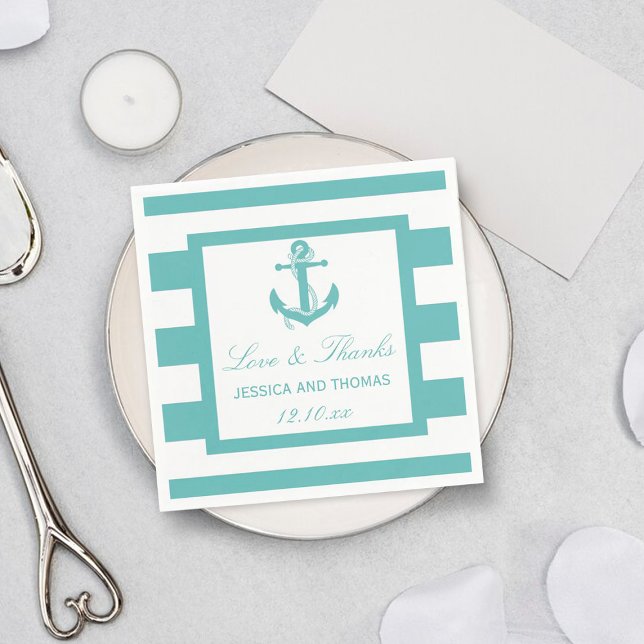 Nautical Turquoise Stripe Anchor Wedding Napkins (Creator Uploaded)