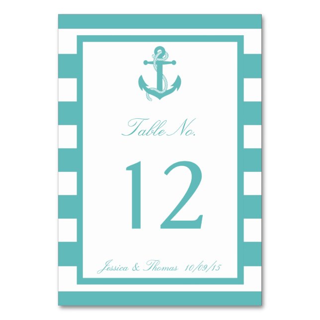 Nautical Turquoise Stripe Anchor Wedding Number Table Number (Front)