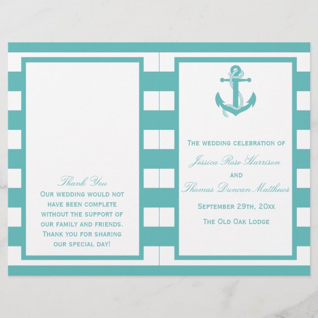 Nautical Turquoise Stripe Anchor Wedding Program (Front)