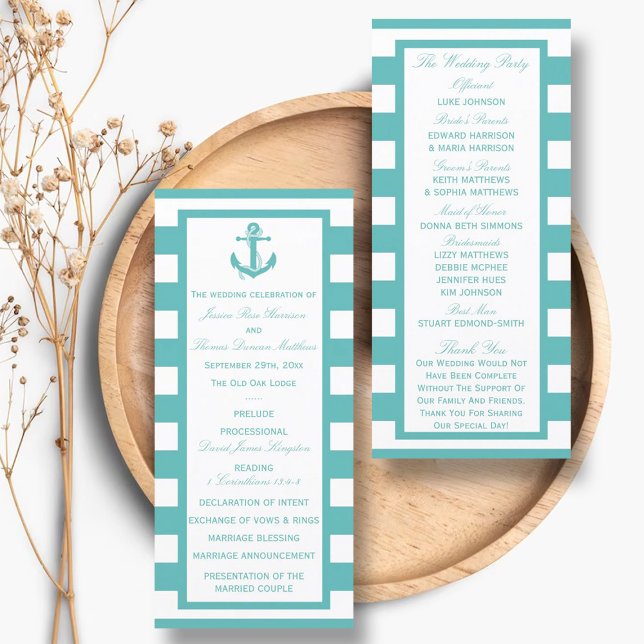 Nautical Turquoise Stripe Anchor Wedding Program Rack Card (Creator Uploaded)