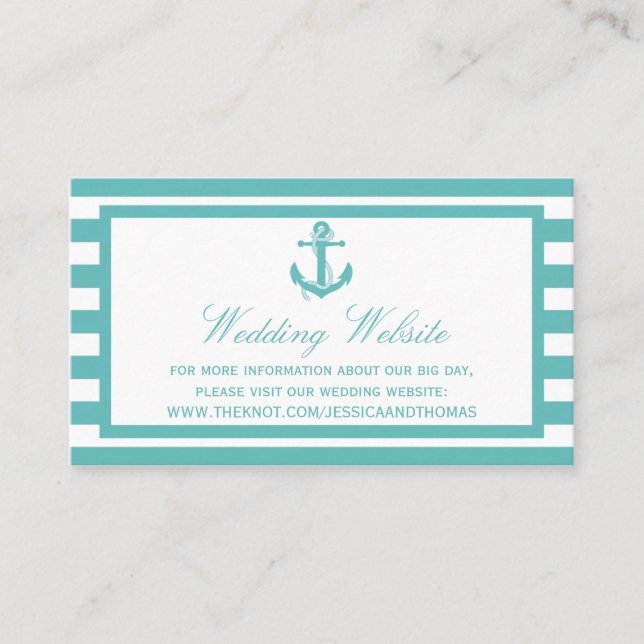 Nautical Turquoise Stripe Anchor Wedding Website Enclosure Card (Front)