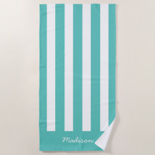 Nautical Turquoise & White Striped Custom Name Beach Towel