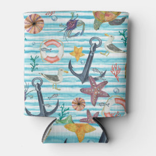 Nautical Turtles Seagul Starfish Pattern Can Cooler