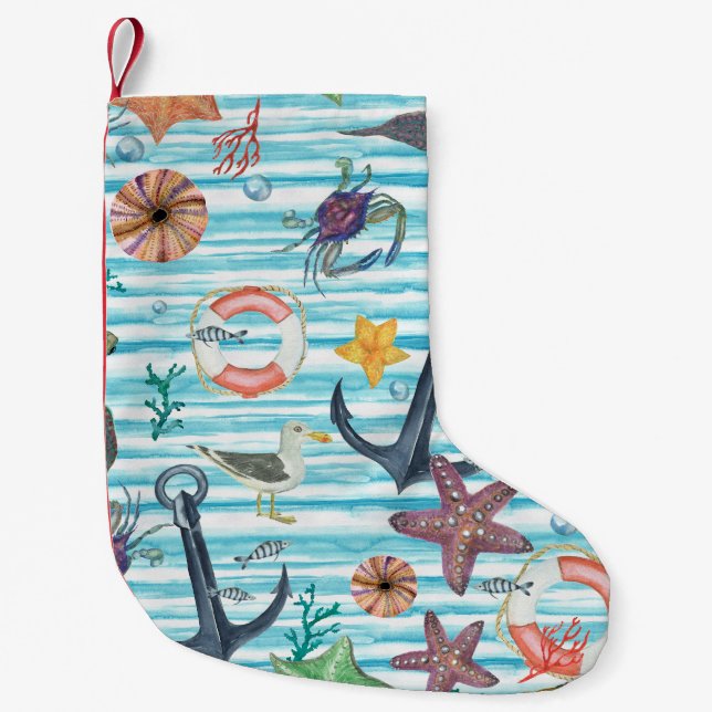 Nautical Turtles Seagul Starfish Pattern Small Christmas Stocking (Front)