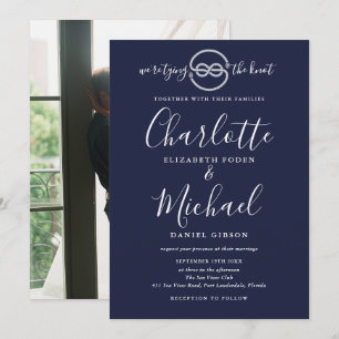 Nautical Tying Knot Navy Blue Script Photo Wedding Invitation