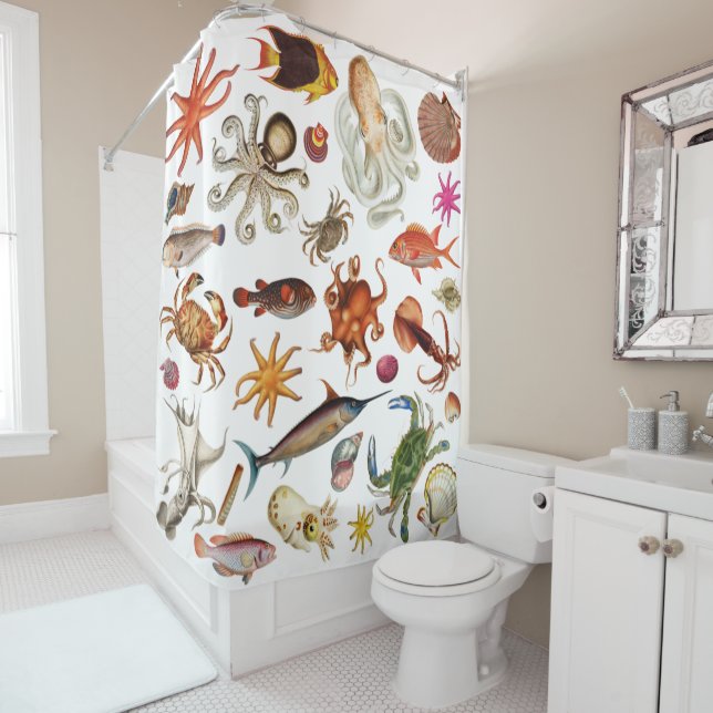 Nautical Underwater Sea Life Illustration Pattern Shower Curtain (In Situ)