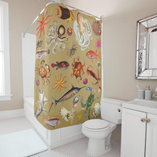 Nautical Underwater Sea Life Pattern Gold Shower Curtain (In Situ)
