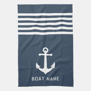 Nautical Vintage Anchor Boat Name Navy Blue Gray Tea Towel