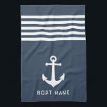 Nautical Vintage Anchor Boat Name Navy Blue Grey Tea Towel<br><div class="desc">Custom Nautical Vintage Anchor with Your Personalised Boat Name on a Navy Blue Grey Kitchen Towel.</div>