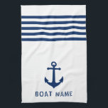 Nautical Vintage Anchor Boat Name Navy Blue White Tea Towel<br><div class="desc">Custom Nautical Vintage Anchor with Your Personalised Boat Name in Navy Blue on a White Kitchen Towel.</div>