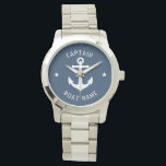 Nautical Vintage Anchor Captain & Boat or Name Watch<br><div class="desc">A Vintage Nautical Anchor with Captain Rank or other title and Your Name or Boat Name on a Stylish Silver and Aqua Blue Wrist Watch. This personalised Pocket Watch will not just time but also is a fun conversation piece. Perfect for Father's Day but also makes a great gift for...</div>
