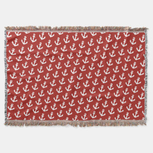 Nautical Vintage anchors pattern on Dark Red Throw Blanket