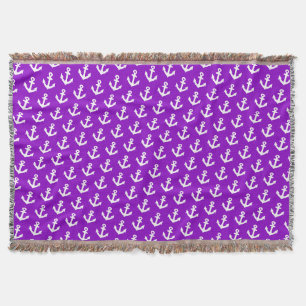 Nautical Vintage anchors pattern on neon purple Throw Blanket