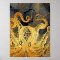 Nautical Vintage Gold Octopus Black Ink Watercolor