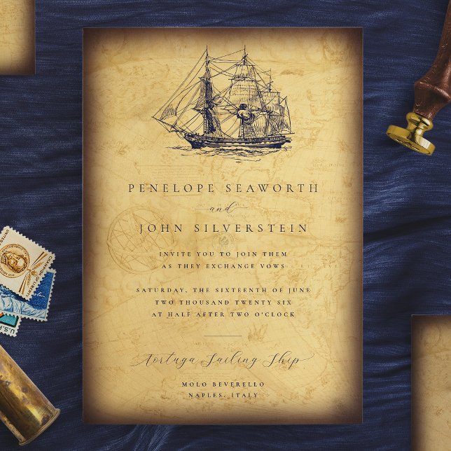 Nautical Vintage Map Ship Illustration Wedding Invitation (Nautical Vintage Map Ship Illustration Wedding Invitation)