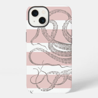 Nautical Vintage Octopus Coastal Pink Stripes iPhone 13 Case