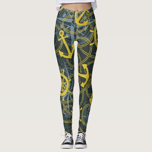 Nautical vintage pattern, anchor and map. leggings (Front)