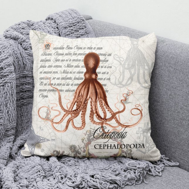 Nautical Vintage Red Octopus Illustration Cushion (Modern Vintage Nautical Octopus Throw Pillow for Your Coastal Decor )
