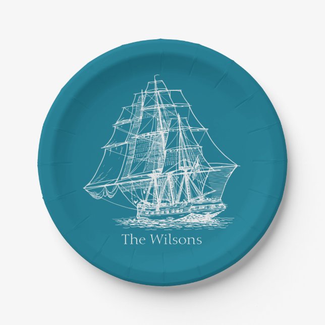 Nautical Vintage Sailing Ship Personalised Paper Plate (Front)