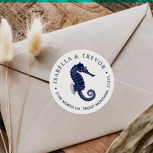 Nautical Vintage Seahorse White Return Address Classic Round Sticker