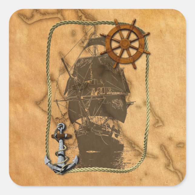 Nautical Vintage Ship And Map Square Sticker (Front)